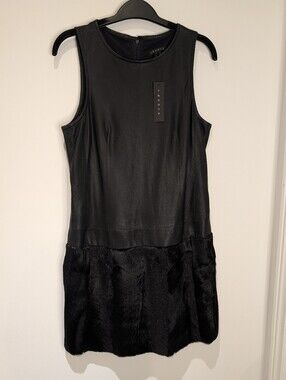 Theory "Effiaria" Genuine Leather & Real Goat Fur Shift Dress - Size 6
